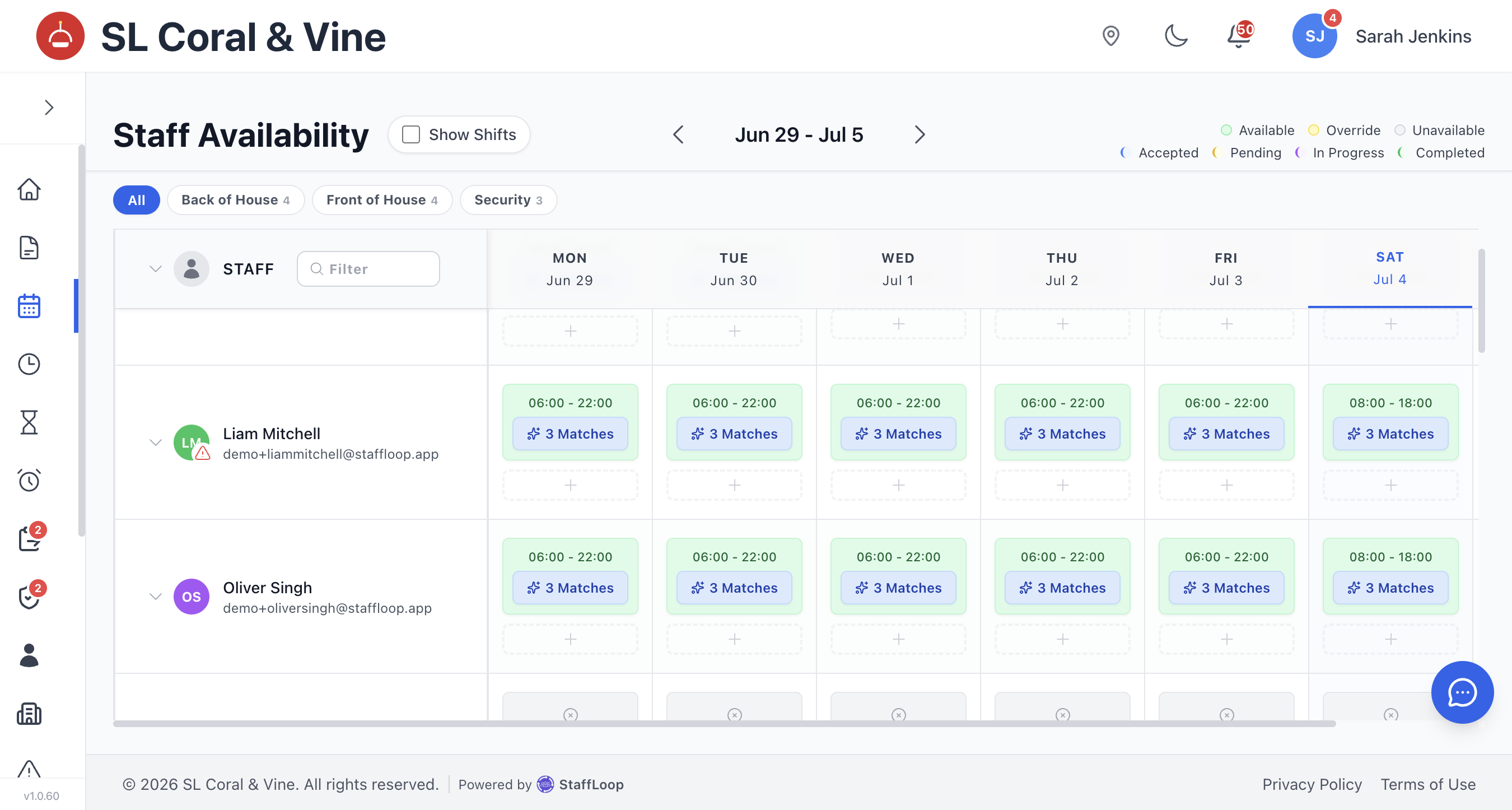 Staff availability and conflict detection settings.