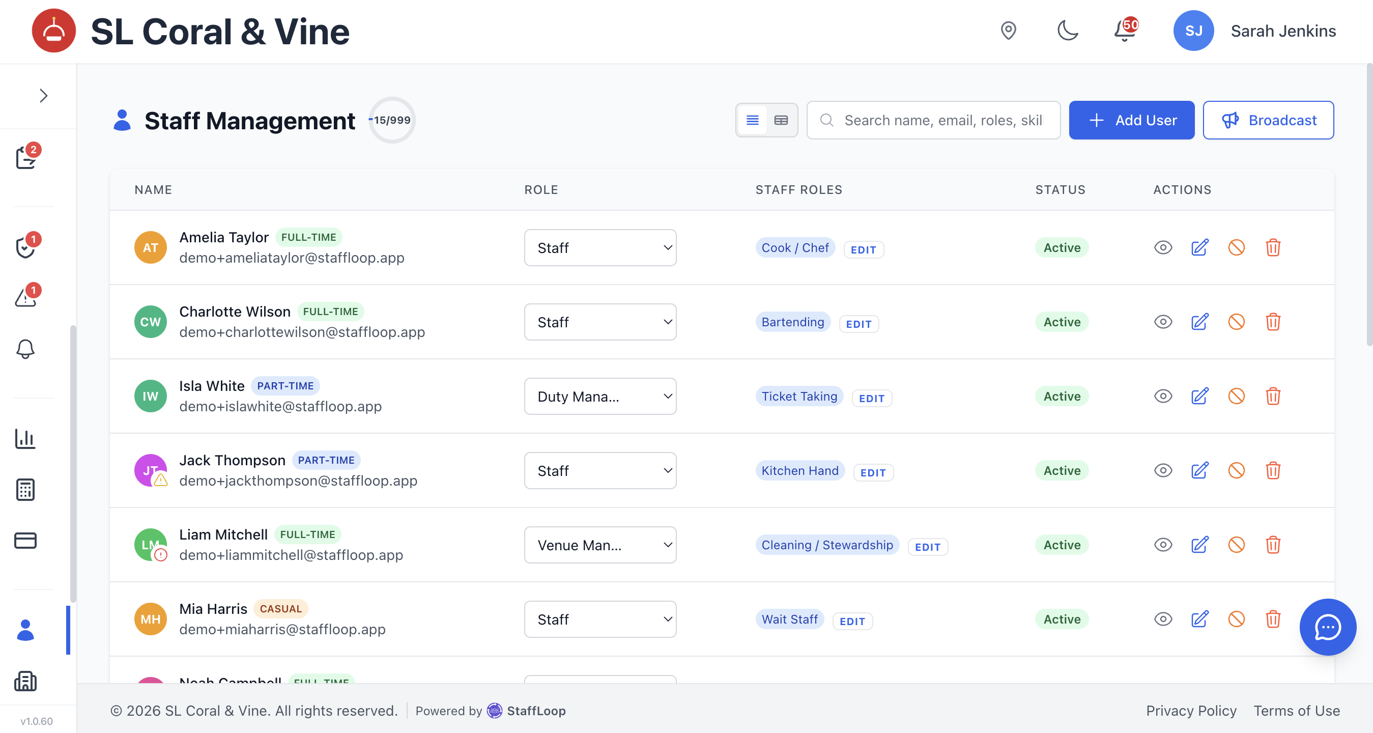 Desktop — team setup with staff, roles and credential tracking.